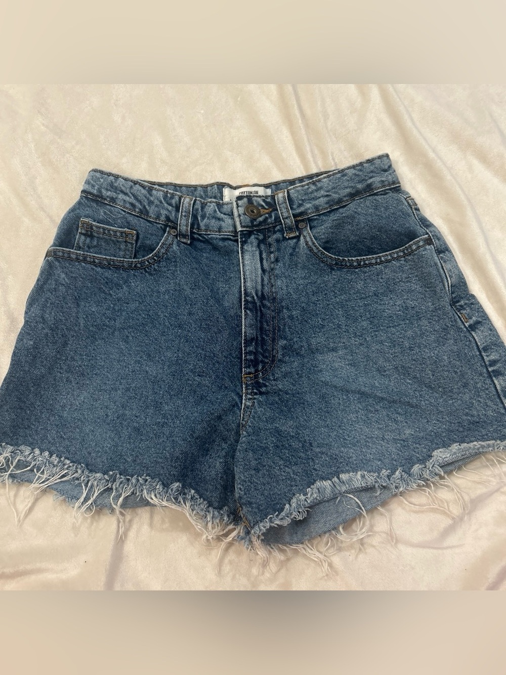 Cotton On Medium Blue Frayed Hem High-Rise Denim Shorts